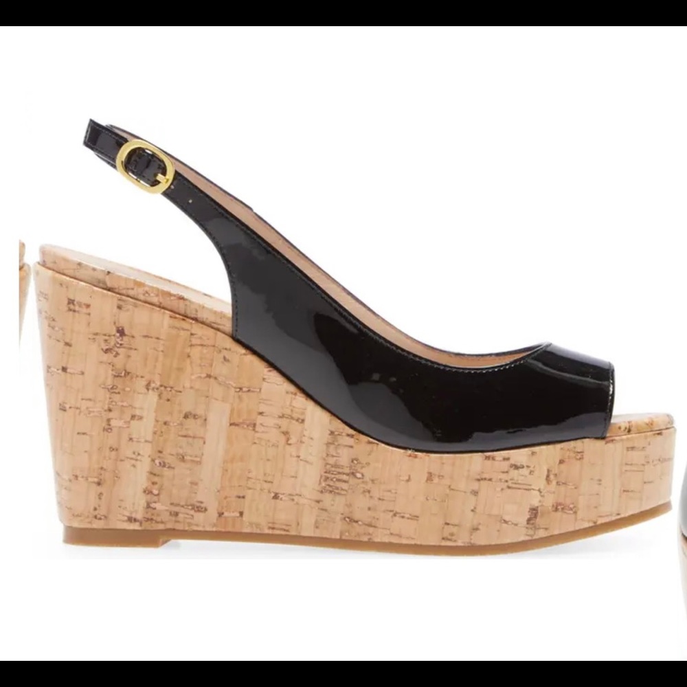 Stuart Weitzman Patent Leather Open Toe Slingback Cork Wedges Sz 41.5/11… - Picture 4 of 8
